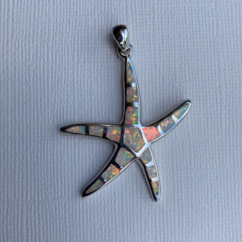 Large starfish charm, synthetic white opal, 925 silver
